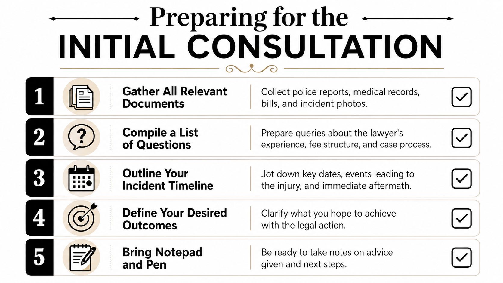 An infographic titled Preparing for the Initial Consultation with five numbered steps for meeting a lawyer.
