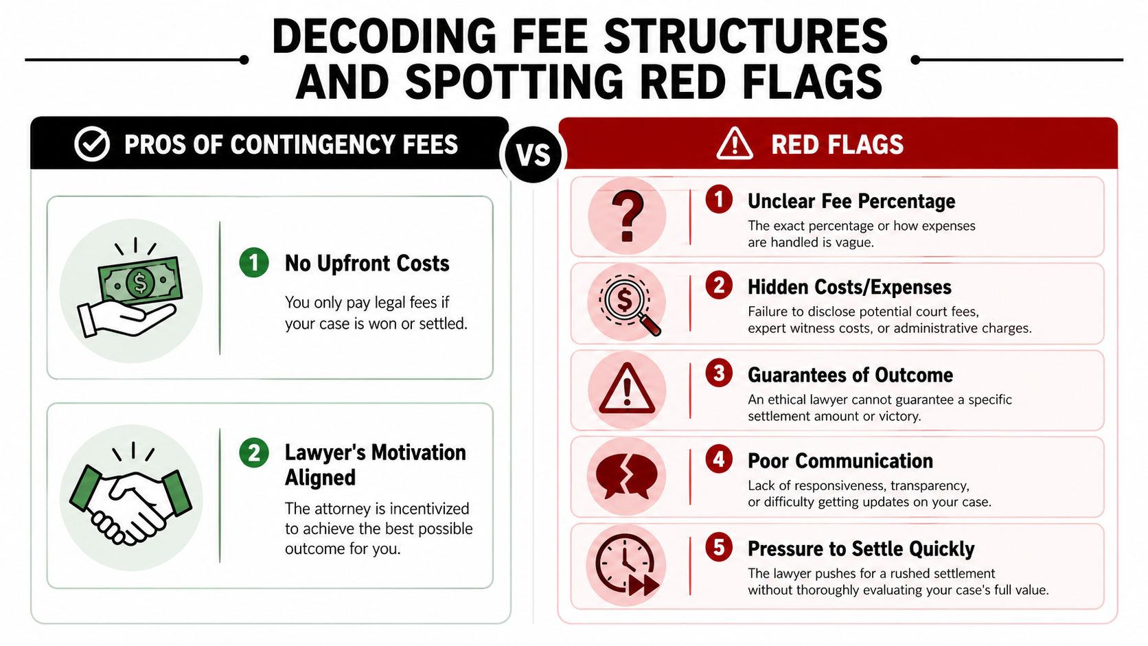 An infographic comparing the pros of contingency fees against red flags when hiring a personal injury attorney.