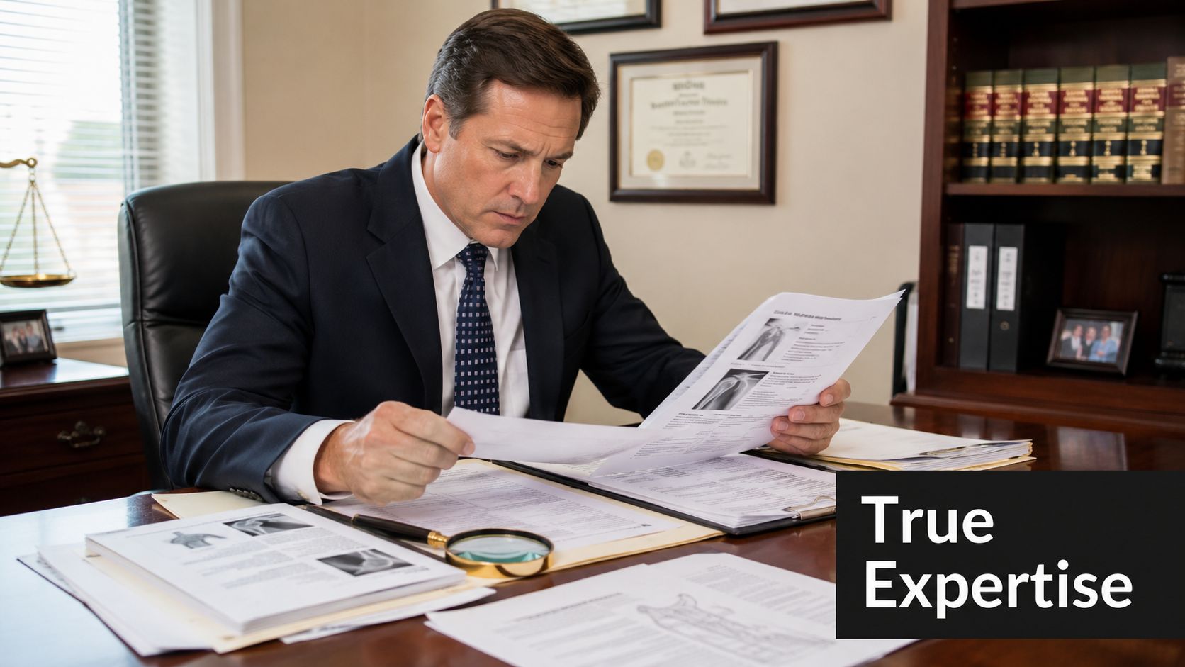 A professional personal injury lawyer reviewing medical records and X-rays in a wood-paneled office.