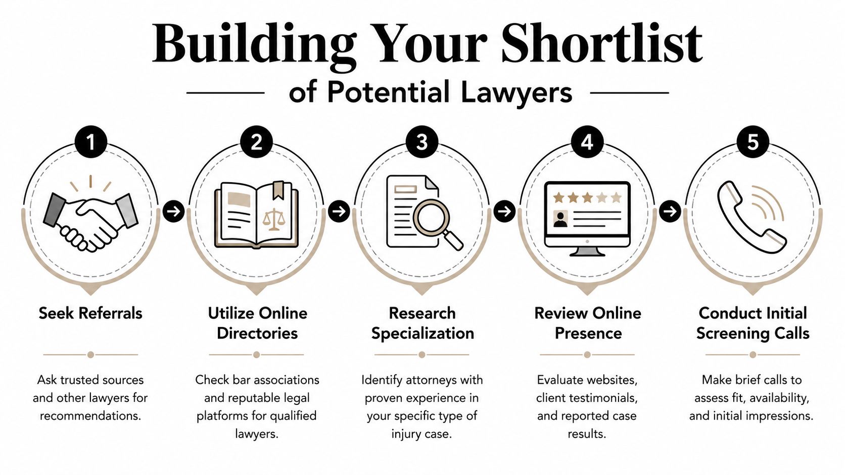 A five-step infographic showing the process of building a shortlist of potential personal injury lawyers.