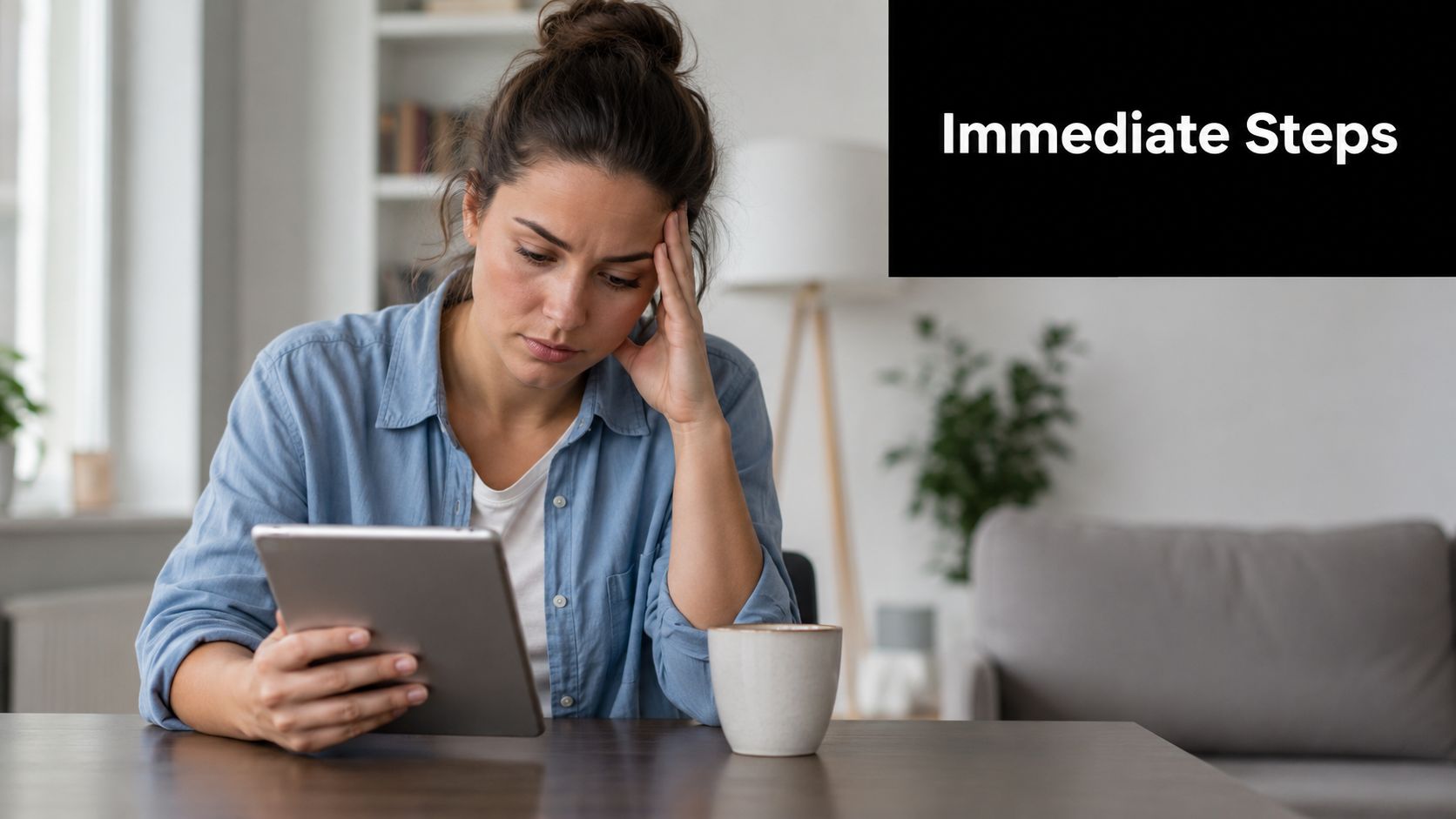 A concerned woman sitting at a table with a tablet and a coffee cup, looking distressed.