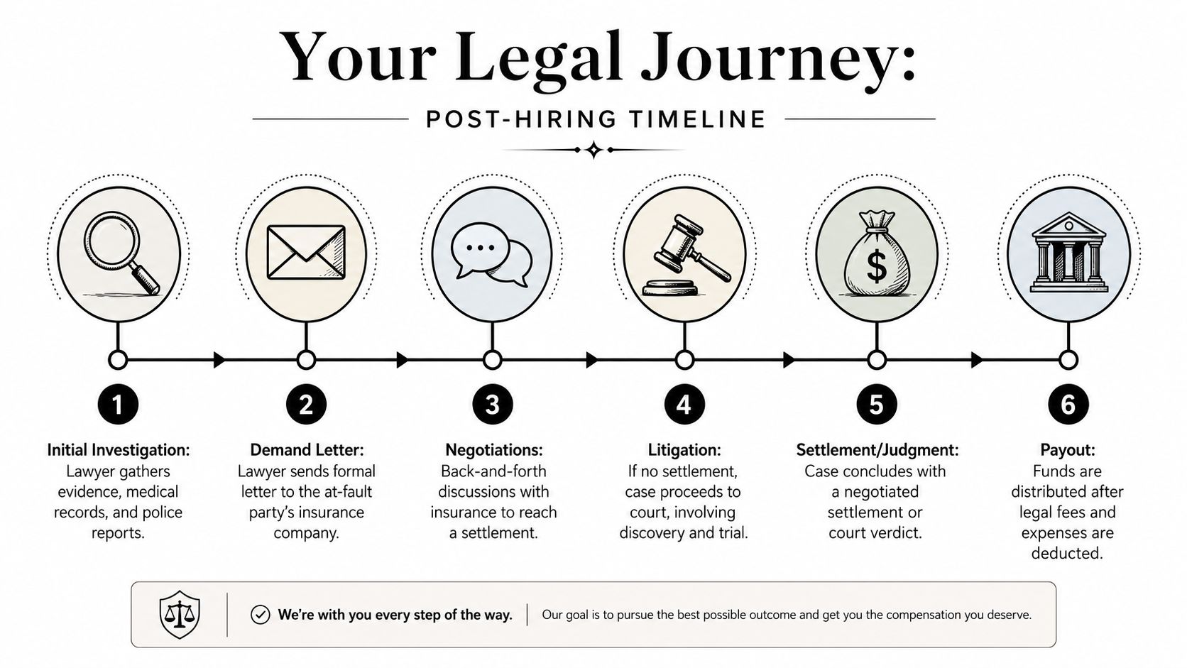 A visual timeline outlining the six steps of the legal process after hiring a personal injury lawyer.