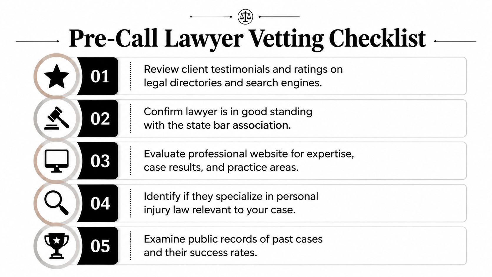 A checklist of five essential steps to follow when vetting a potential personal injury lawyer.