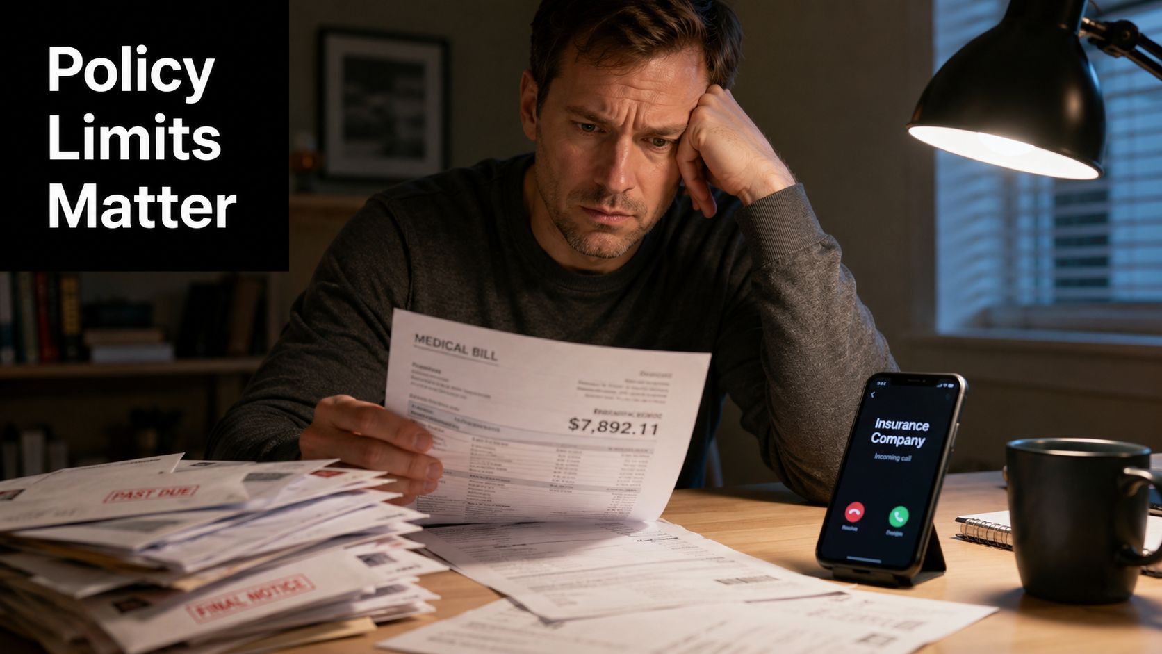 A concerned man reviewing a large medical bill while a phone shows an incoming insurance company call.