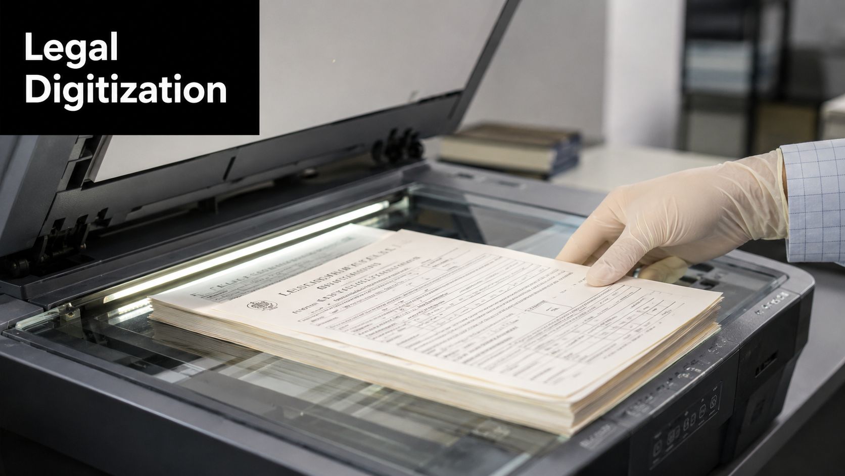 A person wearing protective gloves placing a stack of legal documents onto a professional flatbed scanner for digitization.