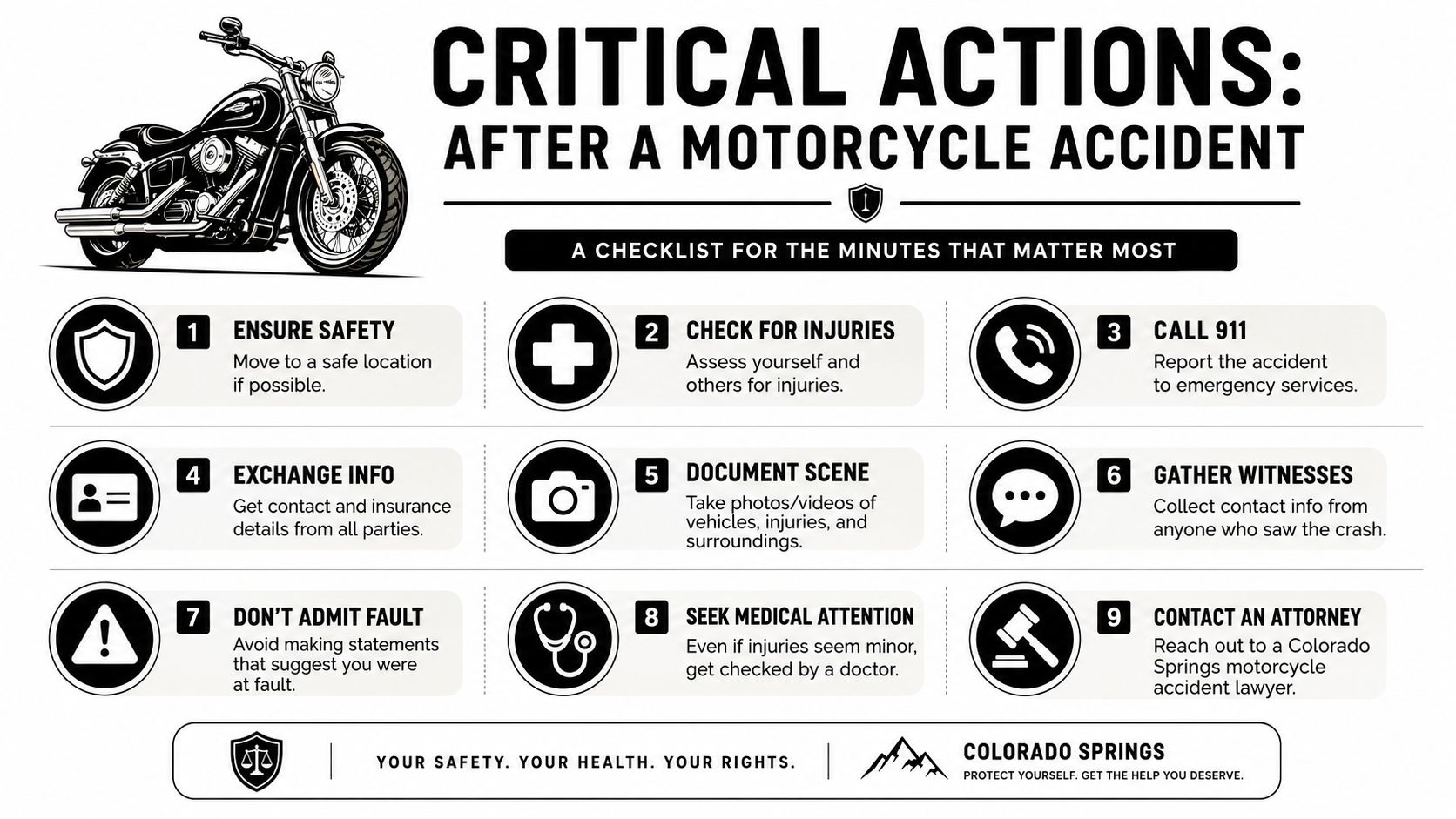 A nine-step infographic checklist detailing critical safety actions to take immediately following a motorcycle accident.