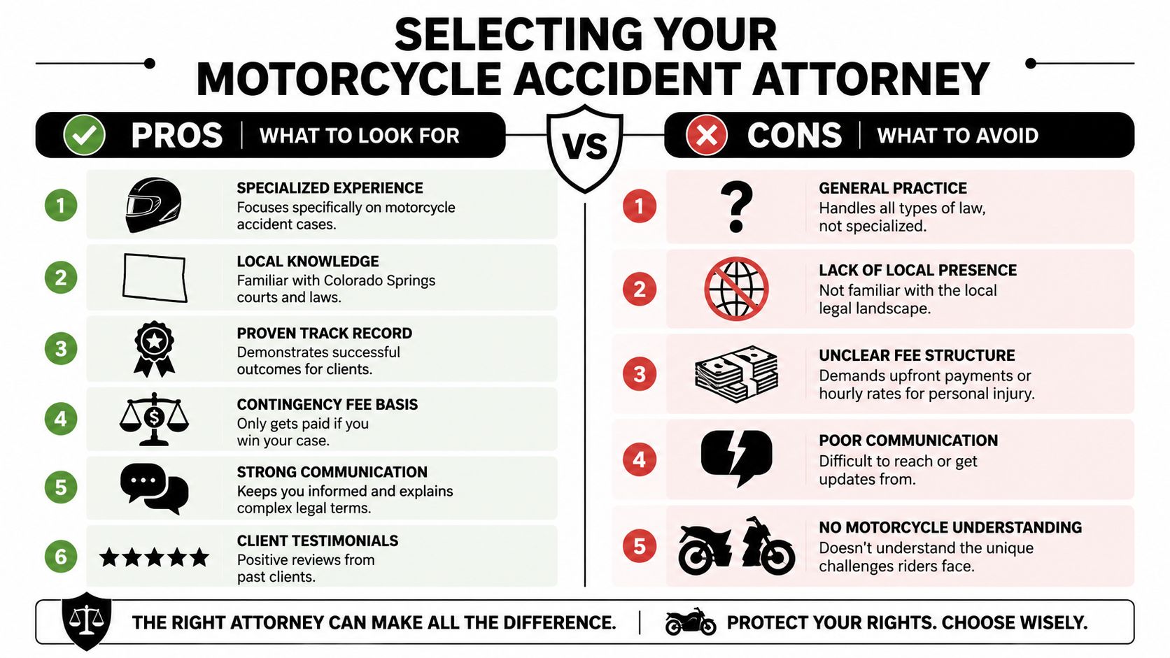 An infographic showing pros and cons for selecting a professional motorcycle accident attorney for legal representation.