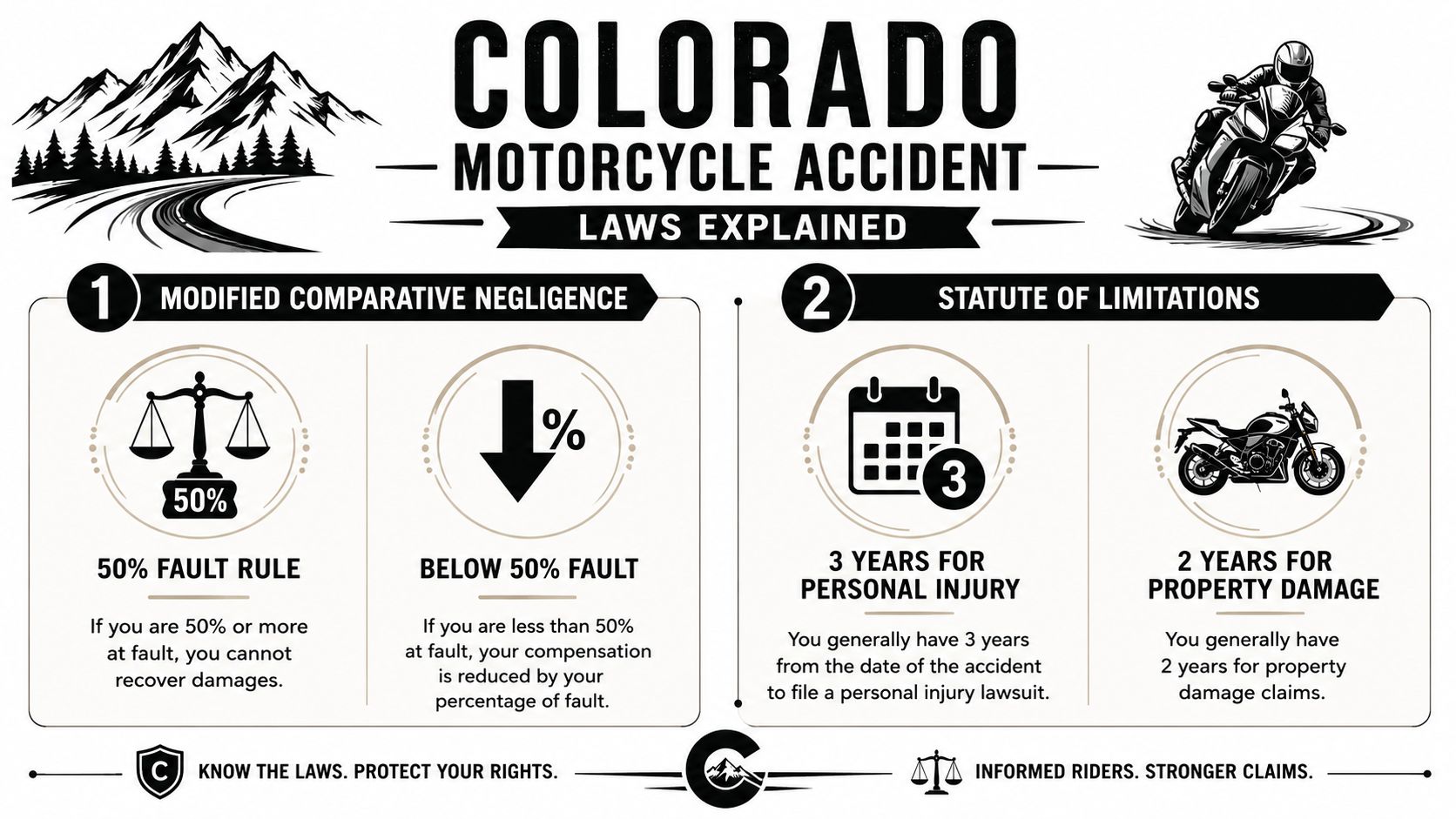 An infographic explaining Colorado motorcycle accident laws, including modified comparative negligence and statutes of limitations.
