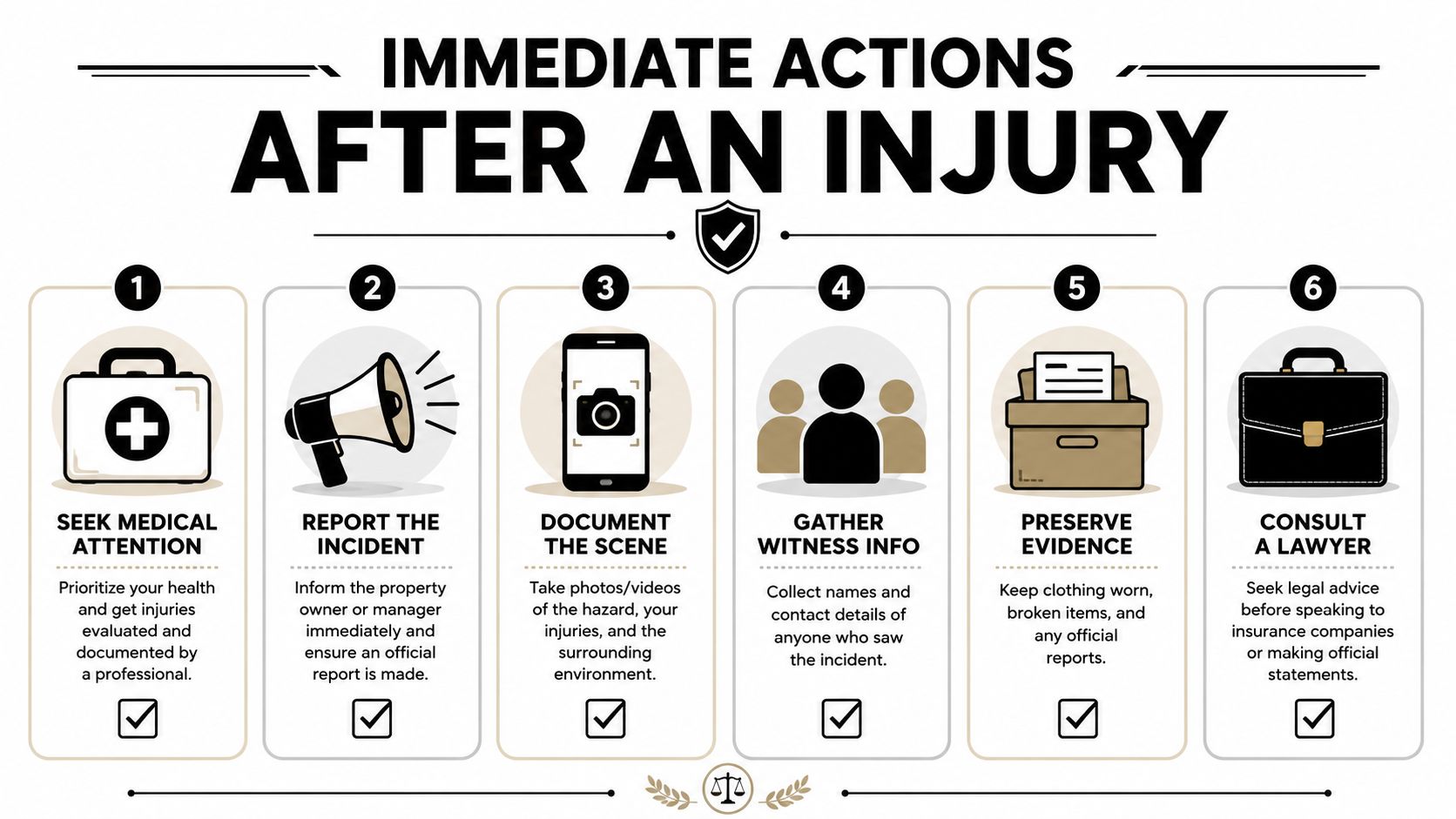 A six-step infographic detailing immediate actions to take after suffering a personal injury on someone else's property.