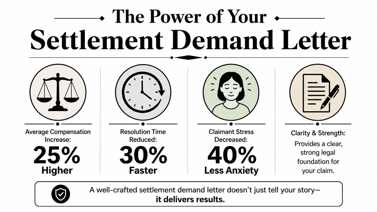 An infographic showing how a well-crafted settlement demand letter increases compensation, reduces time, and lowers claimant stress.
