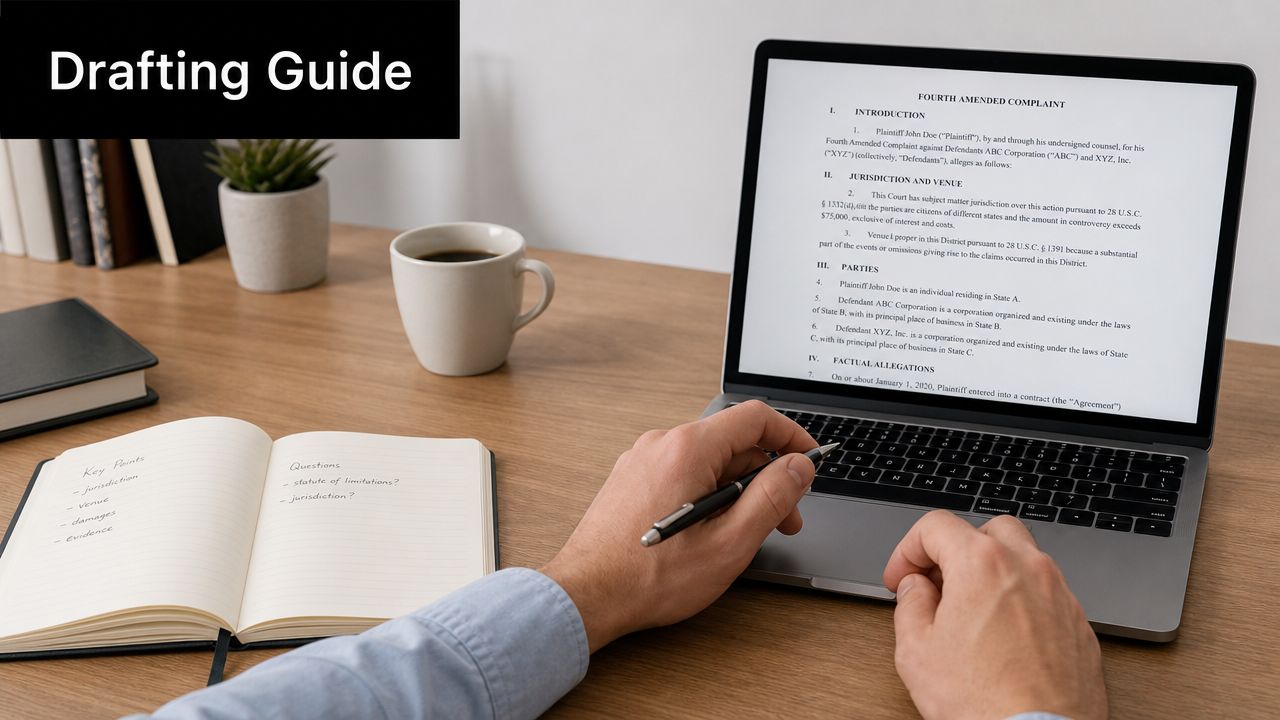 A person writing a legal complaint on a laptop next to a notebook with key points written.