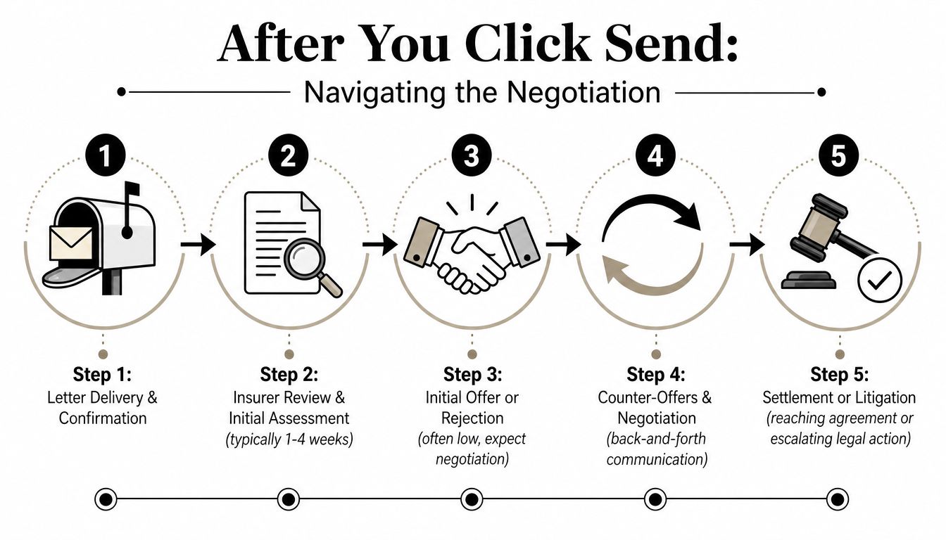 A five-step infographic showing the legal negotiation process after sending a settlement demand letter to an insurer.