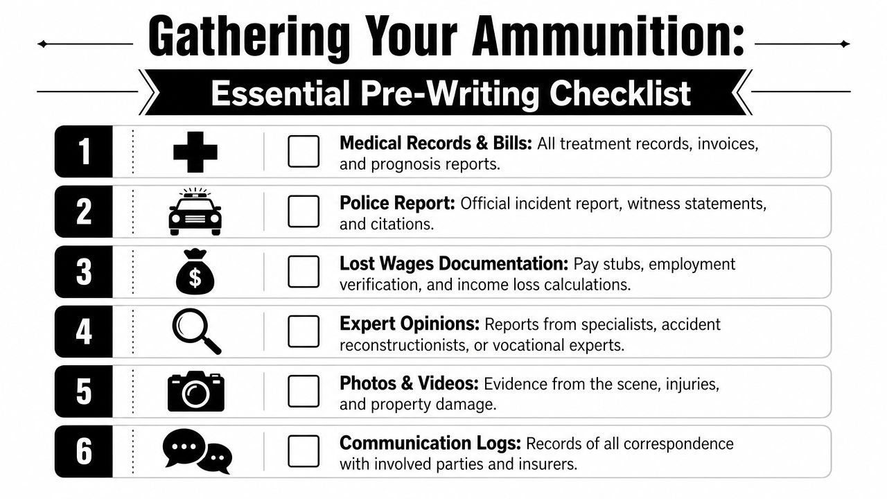 A numbered checklist titled Gathering Your Ammunition for preparing documents for a settlement demand letter.