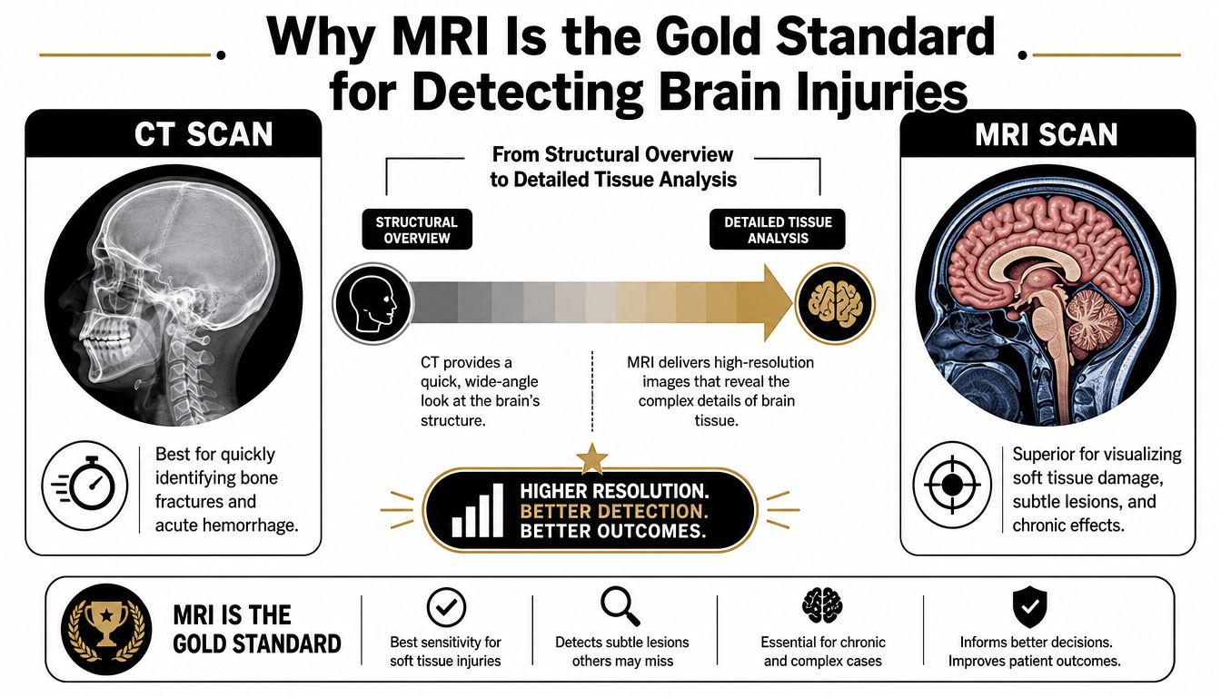 An infographic comparing CT scans and MRI scans for diagnosing brain injuries, highlighting why MRI is preferred.