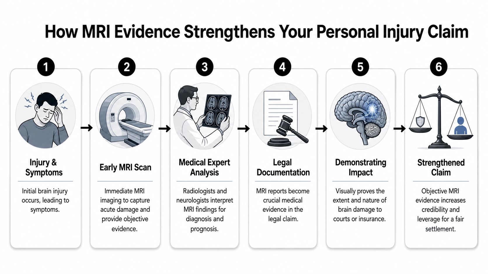 An infographic showing six steps illustrating how MRI evidence strengthens a personal injury claim for brain trauma.