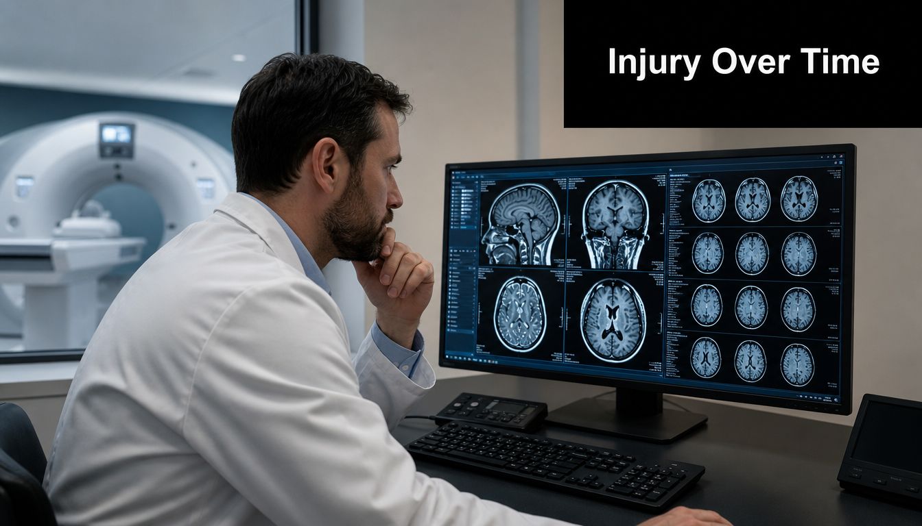 A doctor in a medical office analyzing patient brain scans on a computer screen in a hospital.