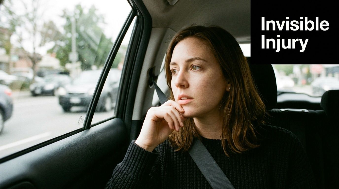 A pensive woman with shoulder-length brown hair looking out a car window with the words Invisible Injury overlaid.