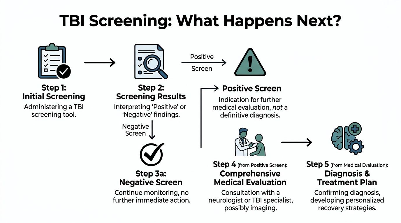 A flow chart illustrating the step-by-step process of TBI screening, from initial evaluation to treatment planning.