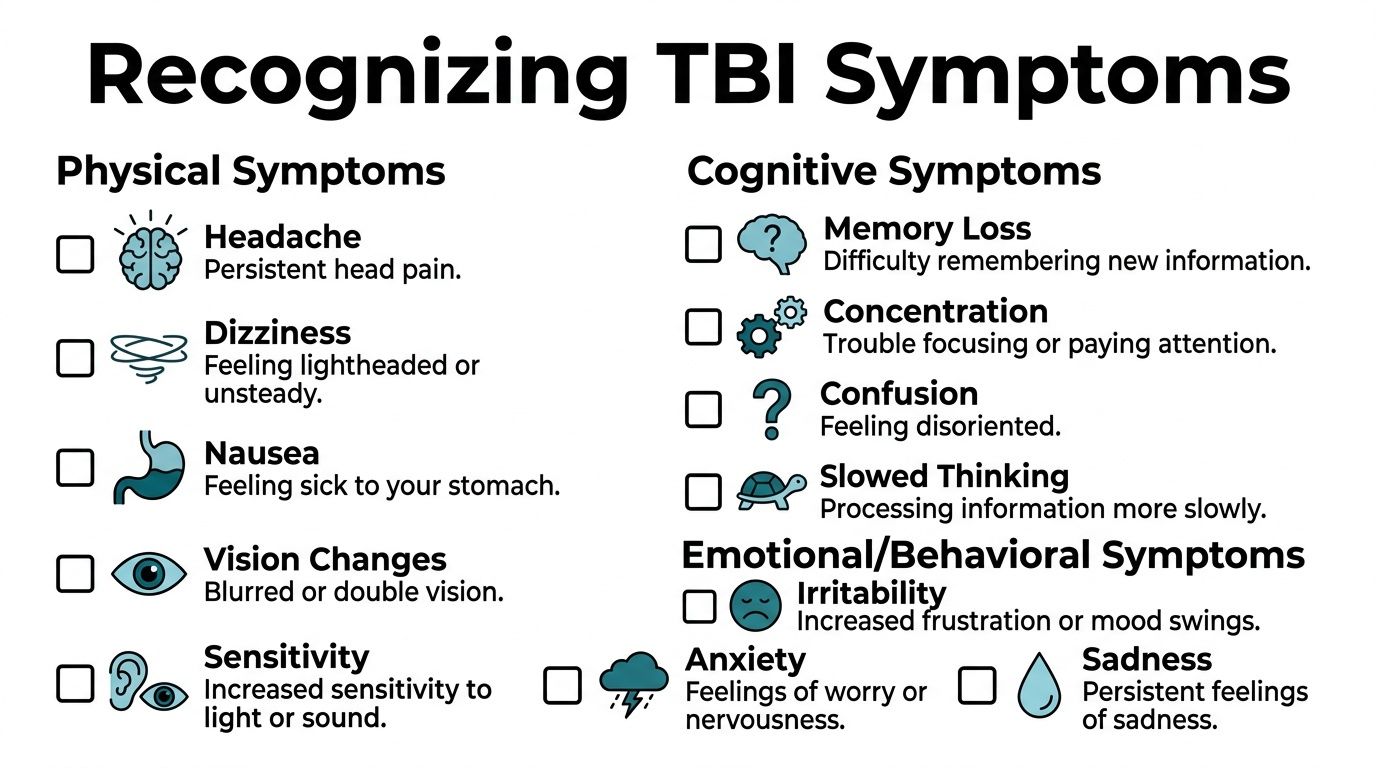 A checklist infographic titled Recognizing TBI Symptoms displaying physical, cognitive, and emotional signs of traumatic brain injuries.