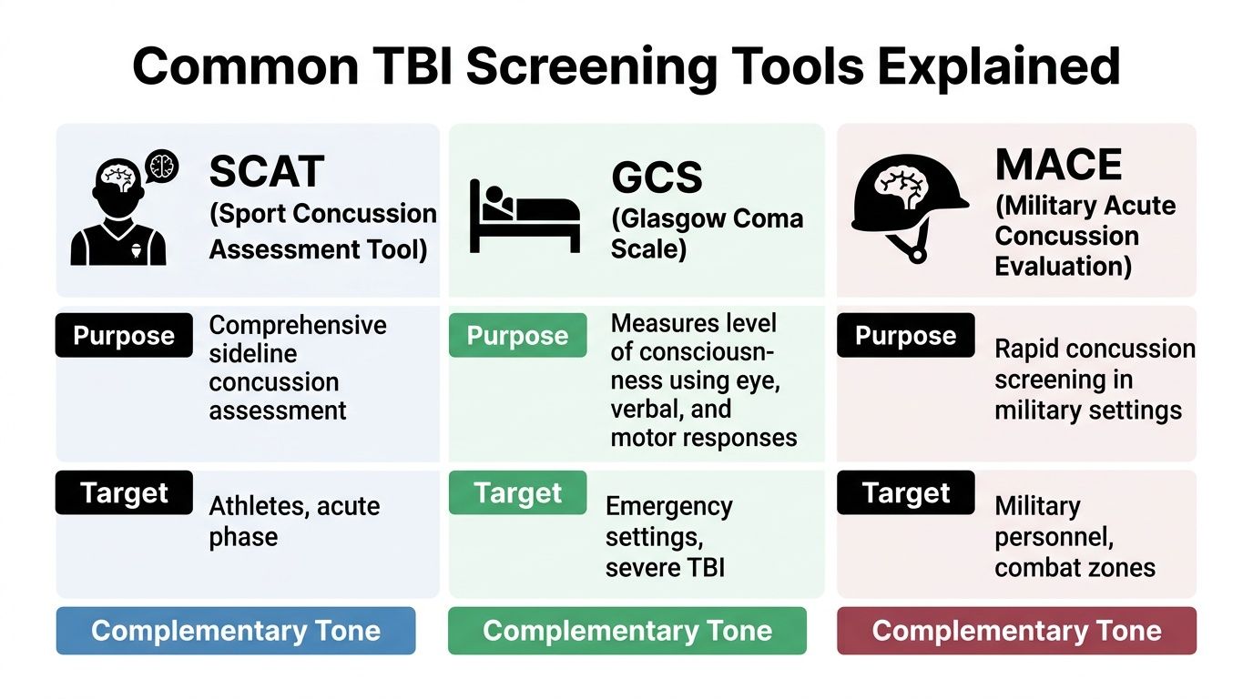 A chart detailing common traumatic brain injury screening tools including SCAT, GCS, and MACE with their purposes.