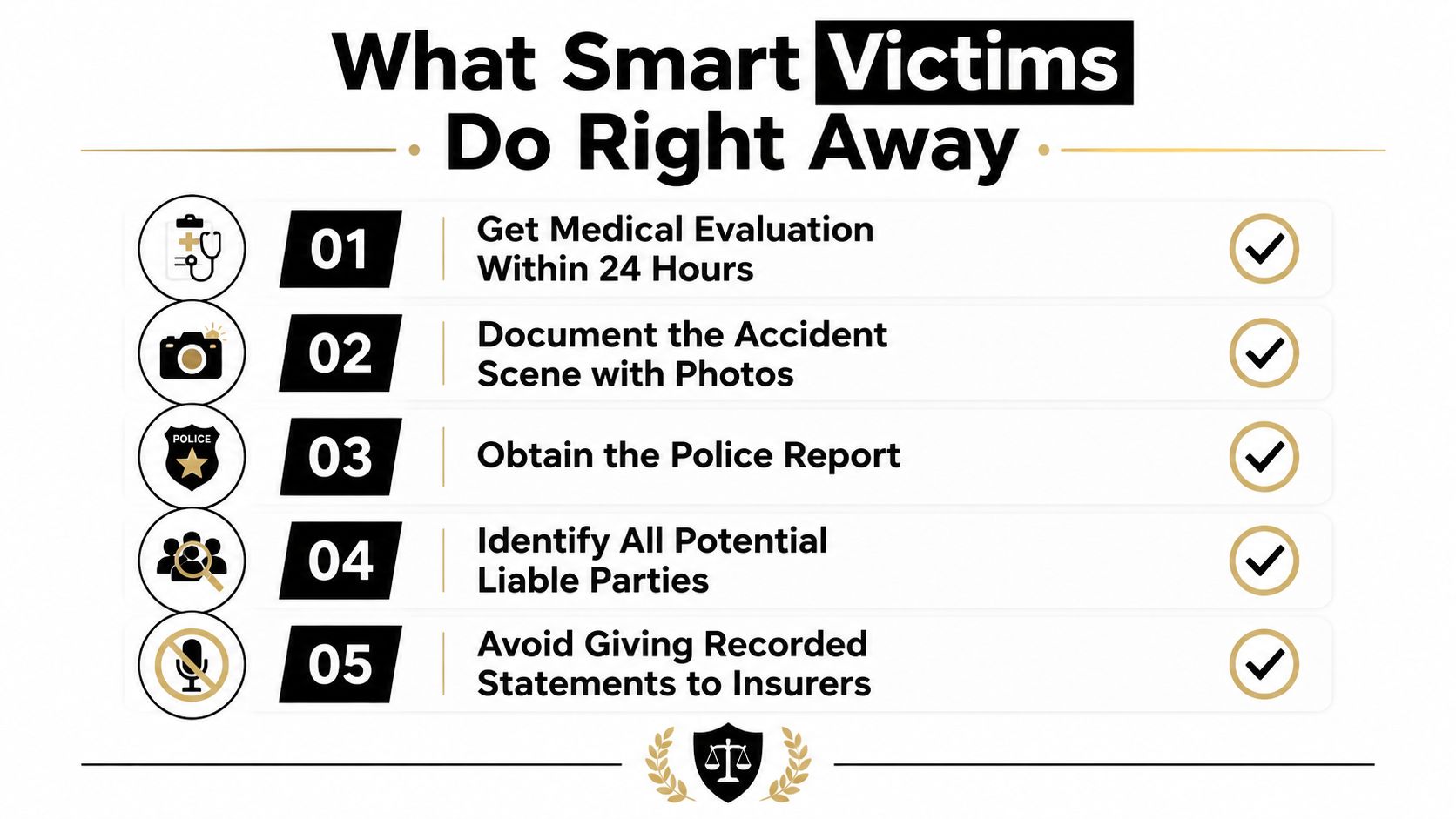 A checklist infographic titled What Smart Victims Do Right Away after a personal injury accident.