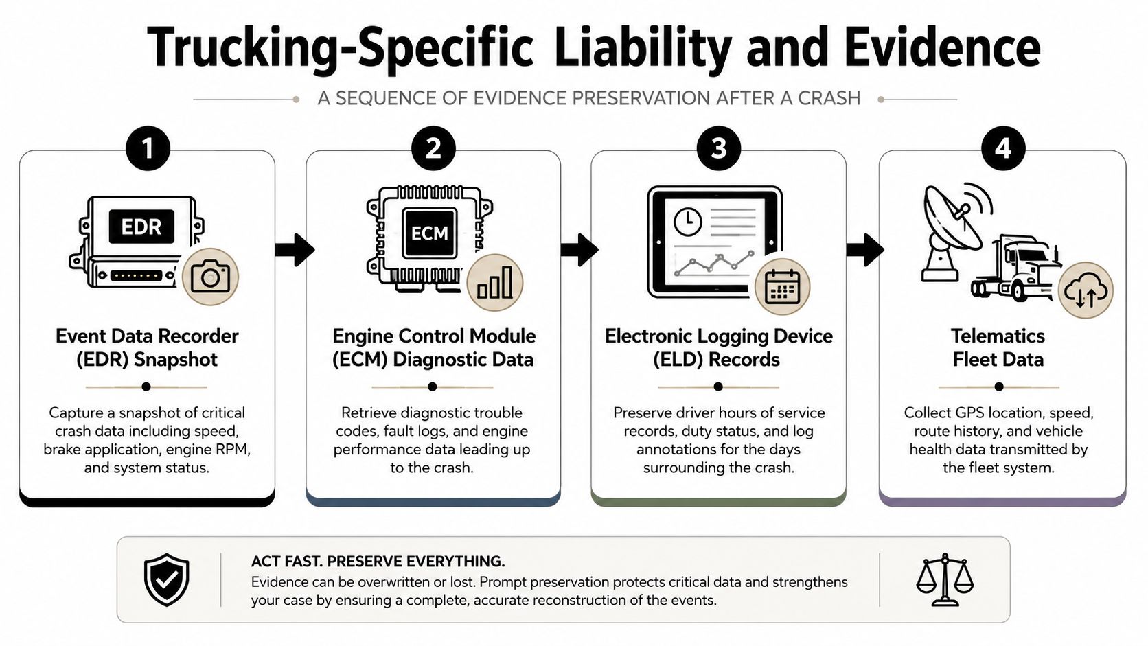 A diagram outlining the sequence of digital evidence preservation for truck accident liability claims.
