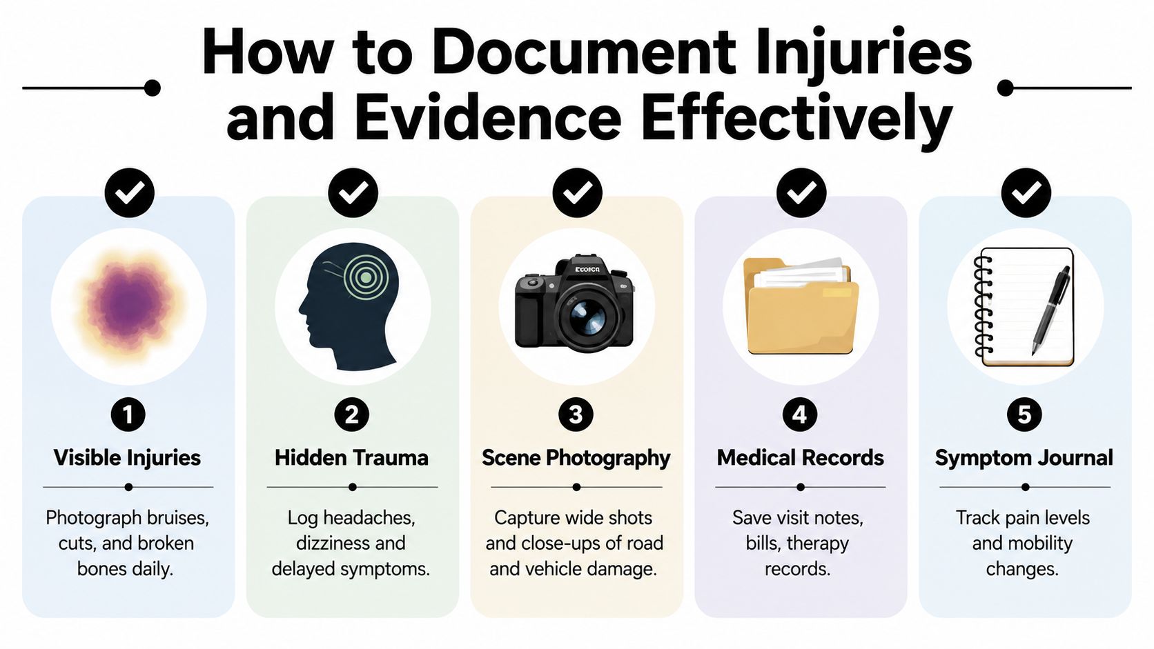 An infographic titled How to Document Injuries and Evidence Effectively showing five steps for personal injury documentation.