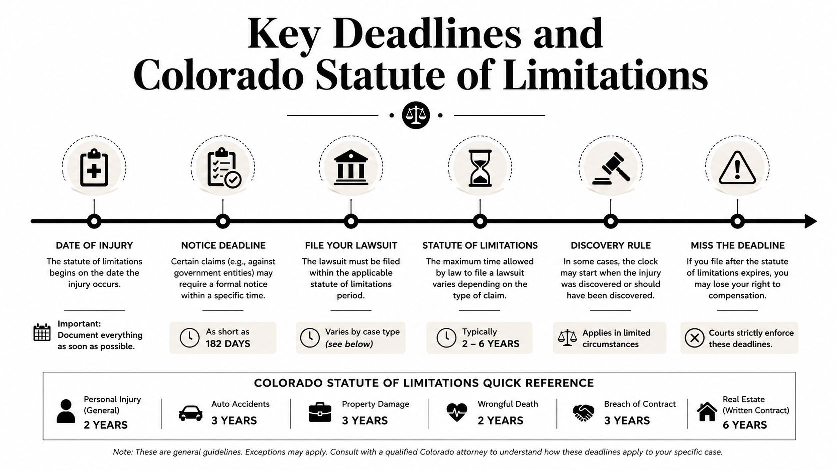 An infographic detailing Colorado statute of limitations deadlines for filing personal injury and legal claims.