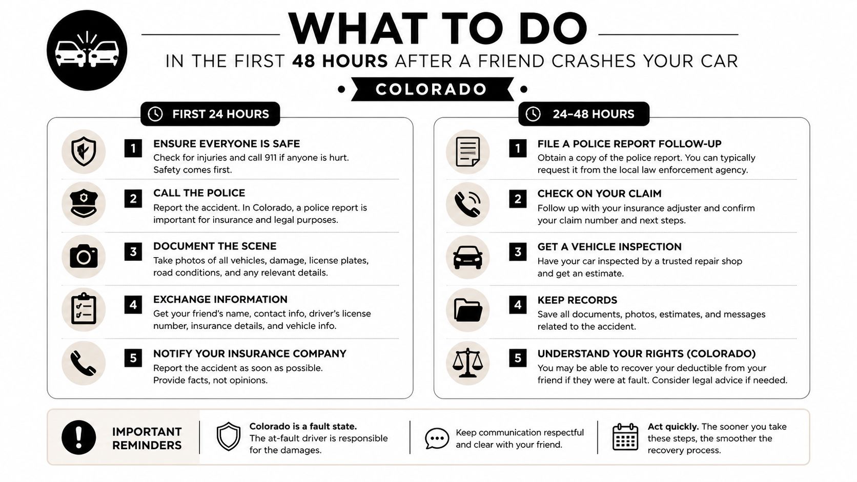 An infographic titled What To Do In The First 48 Hours After A Friend Crashes Your Car in Colorado.
