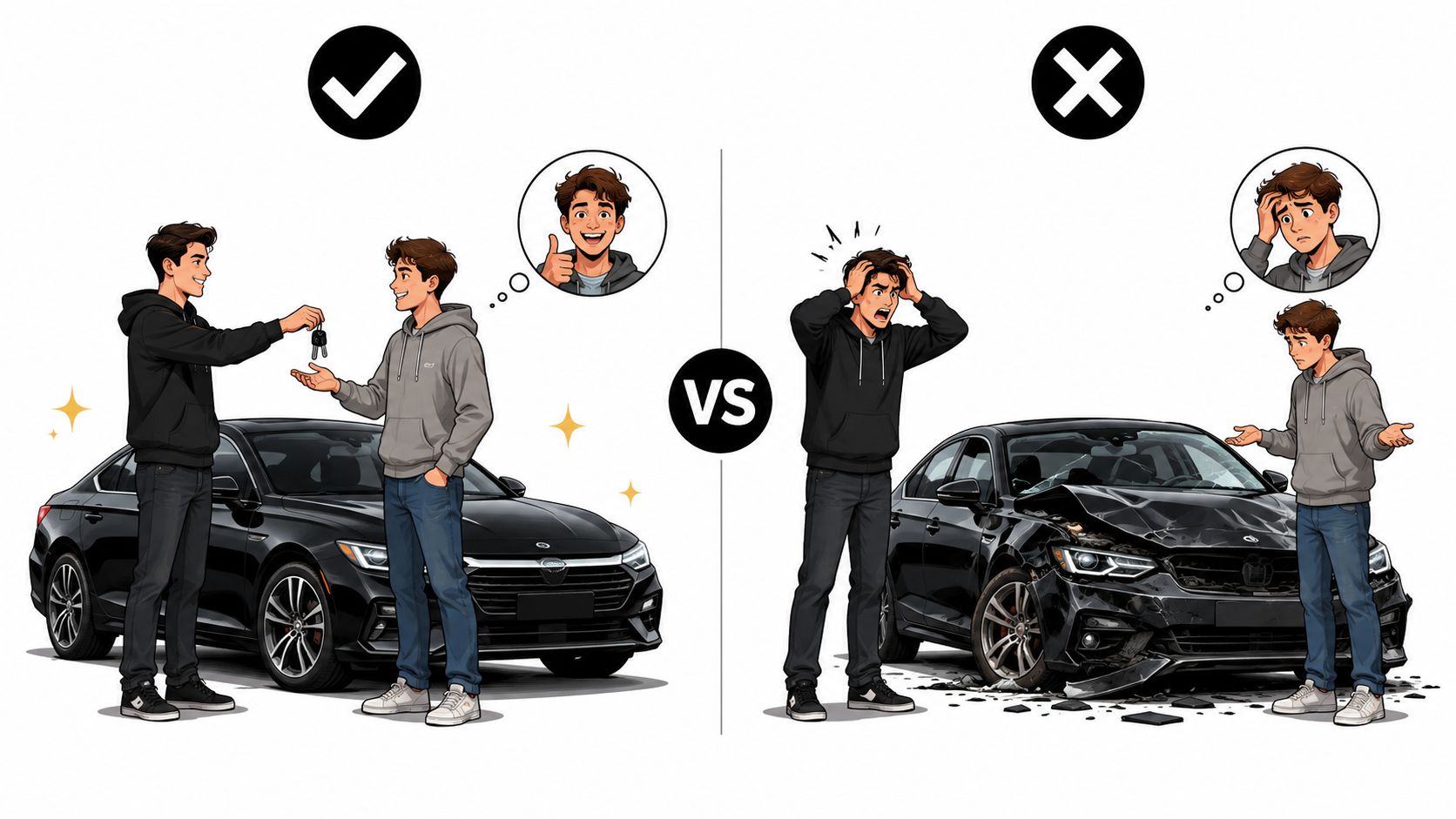 A comparison showing a person handing car keys safely versus a person standing by a crashed vehicle.