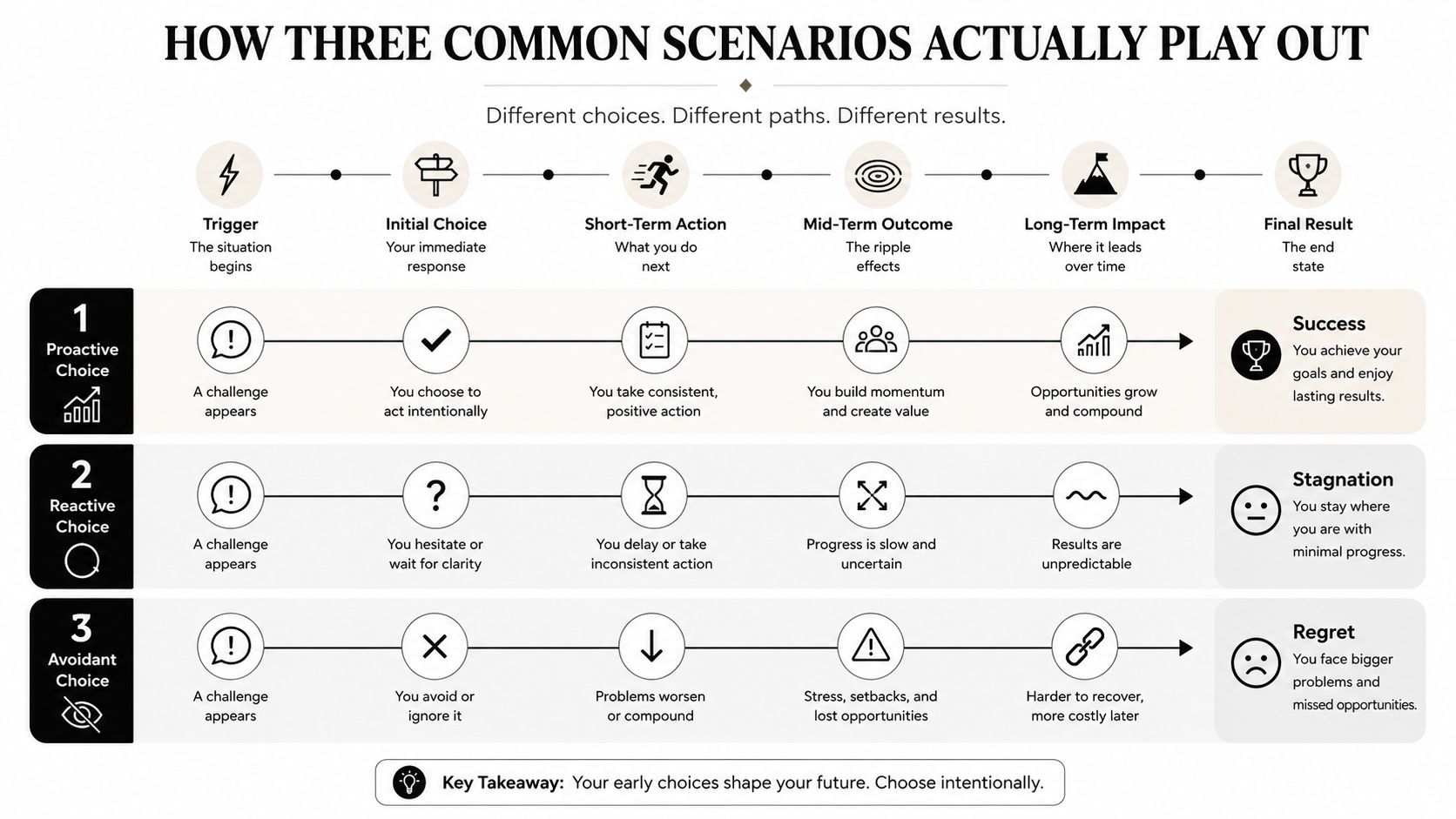 A flow chart comparing the different outcomes of proactive, reactive, and avoidant choices in life situations.