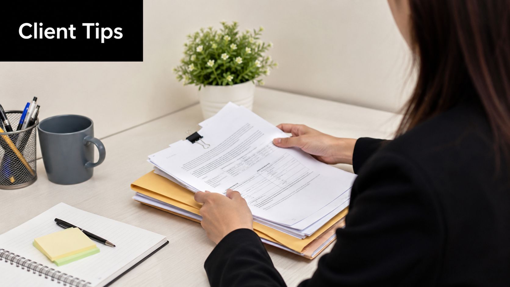 A professional in a black blazer reviewing legal documents on a desk with a notebook and pens.