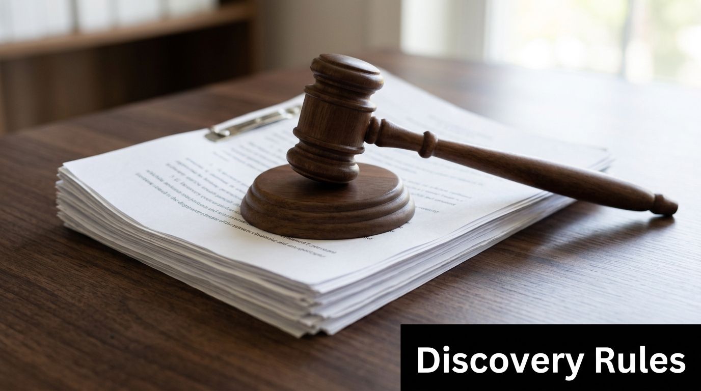 A wooden gavel resting on a stack of legal documents on a dark wooden desk.