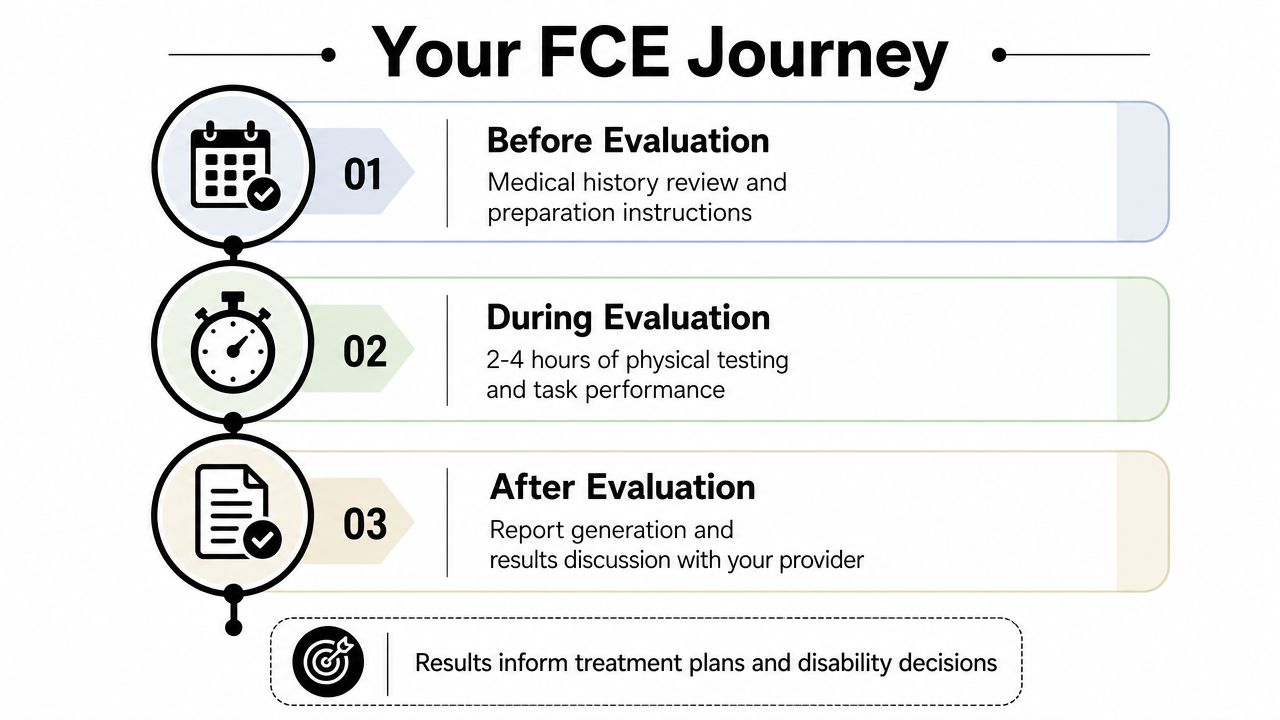 A visual timeline outlining the three stages of a functional capacity evaluation process from start to finish.