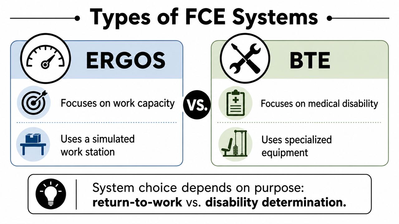 A comparison chart showing the differences between ERGOS and BTE functional capacity evaluation systems for workplace assessments.