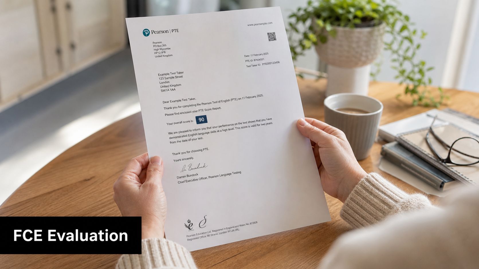 A person holding a Pearson PTE English language test score report in their hands over a wooden desk.