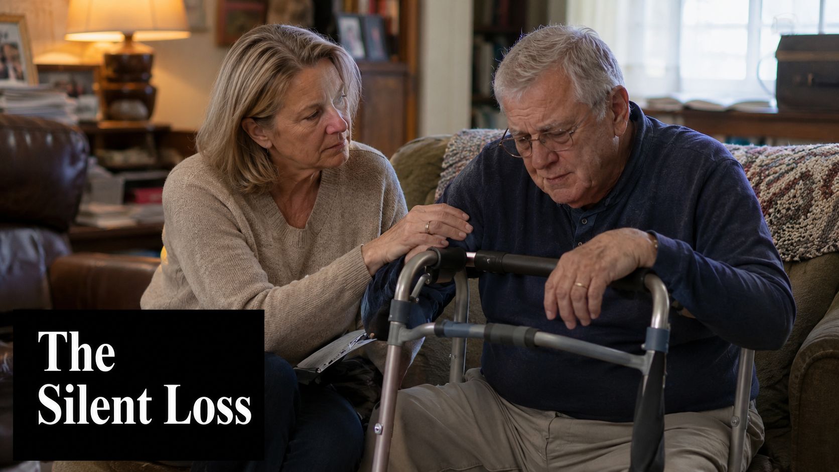 A concerned woman comforts an elderly man who is sitting with a walker in a living room.