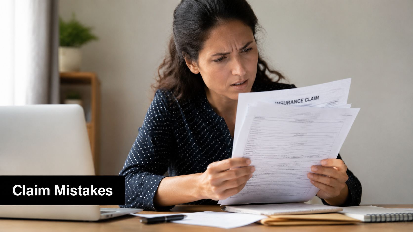 A concerned woman sits at a desk reviewing insurance claim paperwork while working on her laptop.