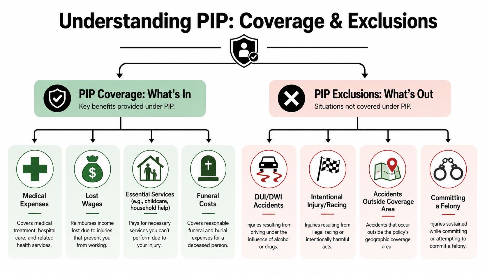 A graphic infographic explaining Personal Injury Protection insurance benefits and common coverage exclusions for car accidents.