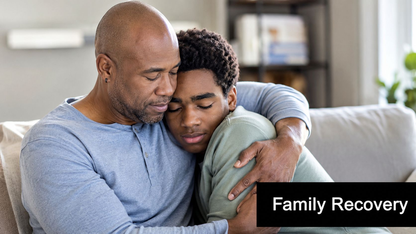 A supportive father comforting his teenage son with a warm, caring hug on a couch.