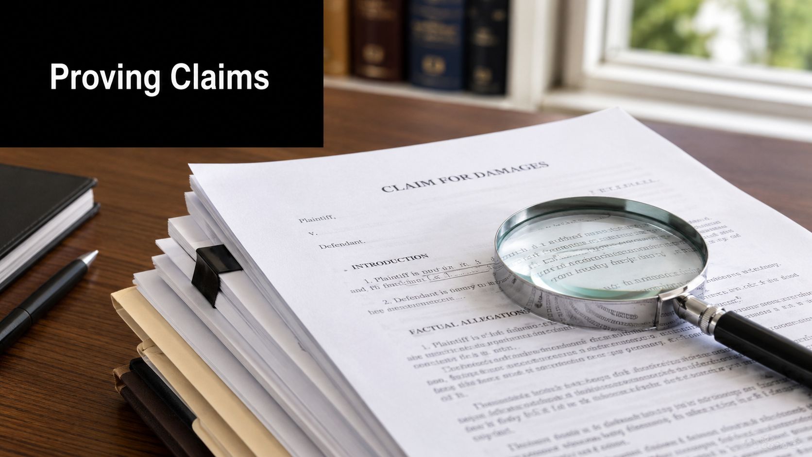 A magnifying glass resting on a stack of legal documents titled Claim for Damages on a desk.