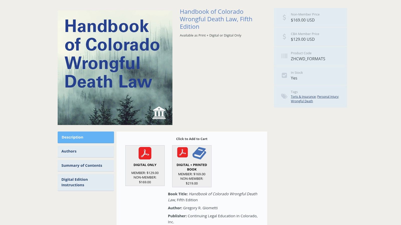 Colorado Bar Association CLE – Handbook of Colorado Wrongful Death Law (with Sample Complaint & Jury Demand)