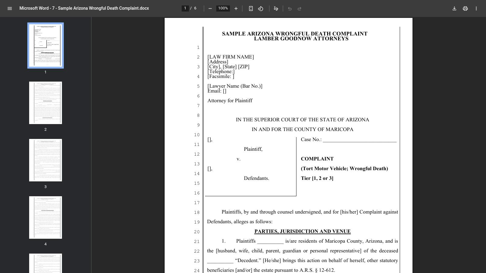 Lambergoodnow – Sample Arizona Wrongful Death Complaint (PDF)