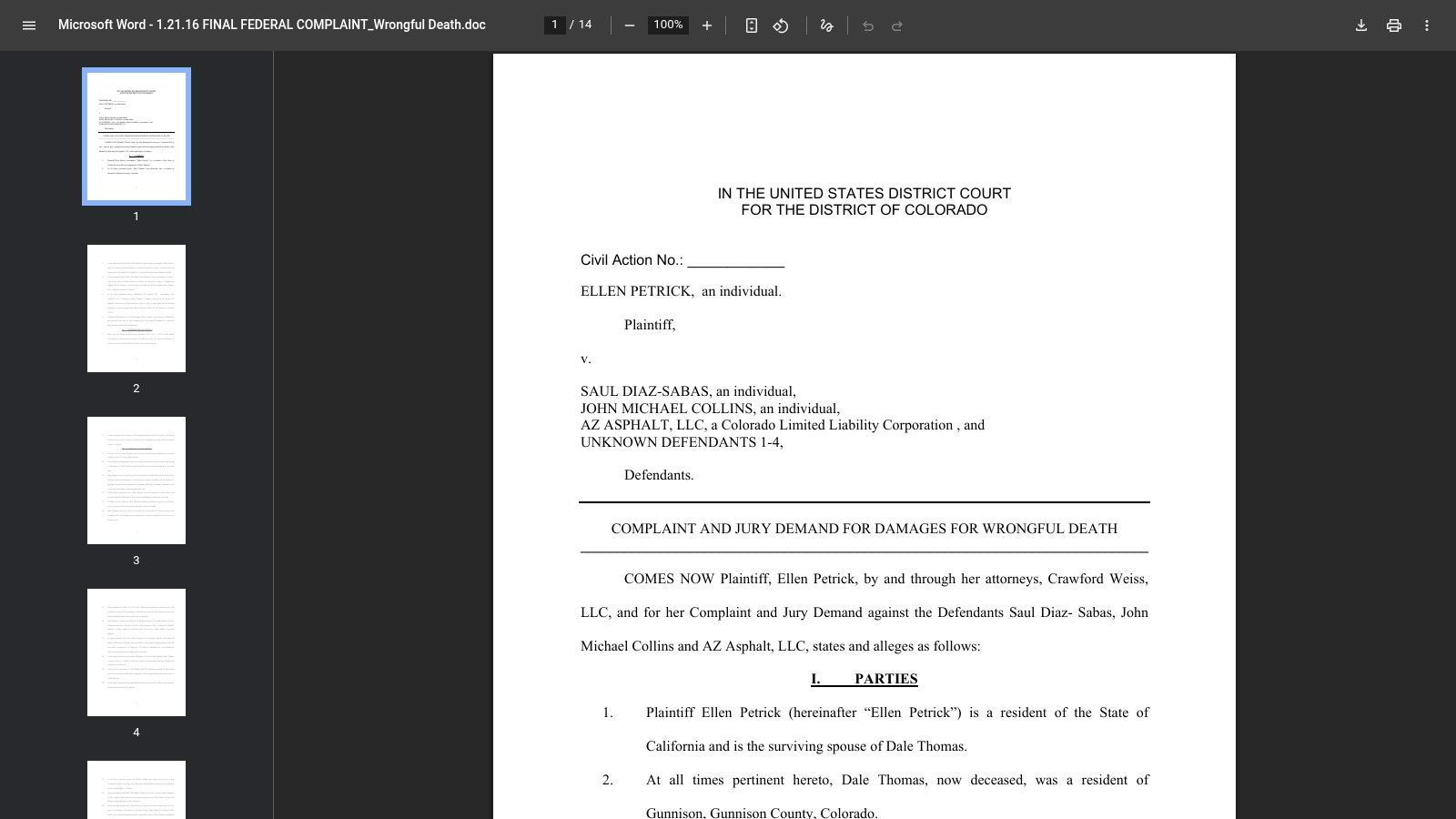 BikeLaw – Federal Wrongful Death Complaint (District of Colorado)