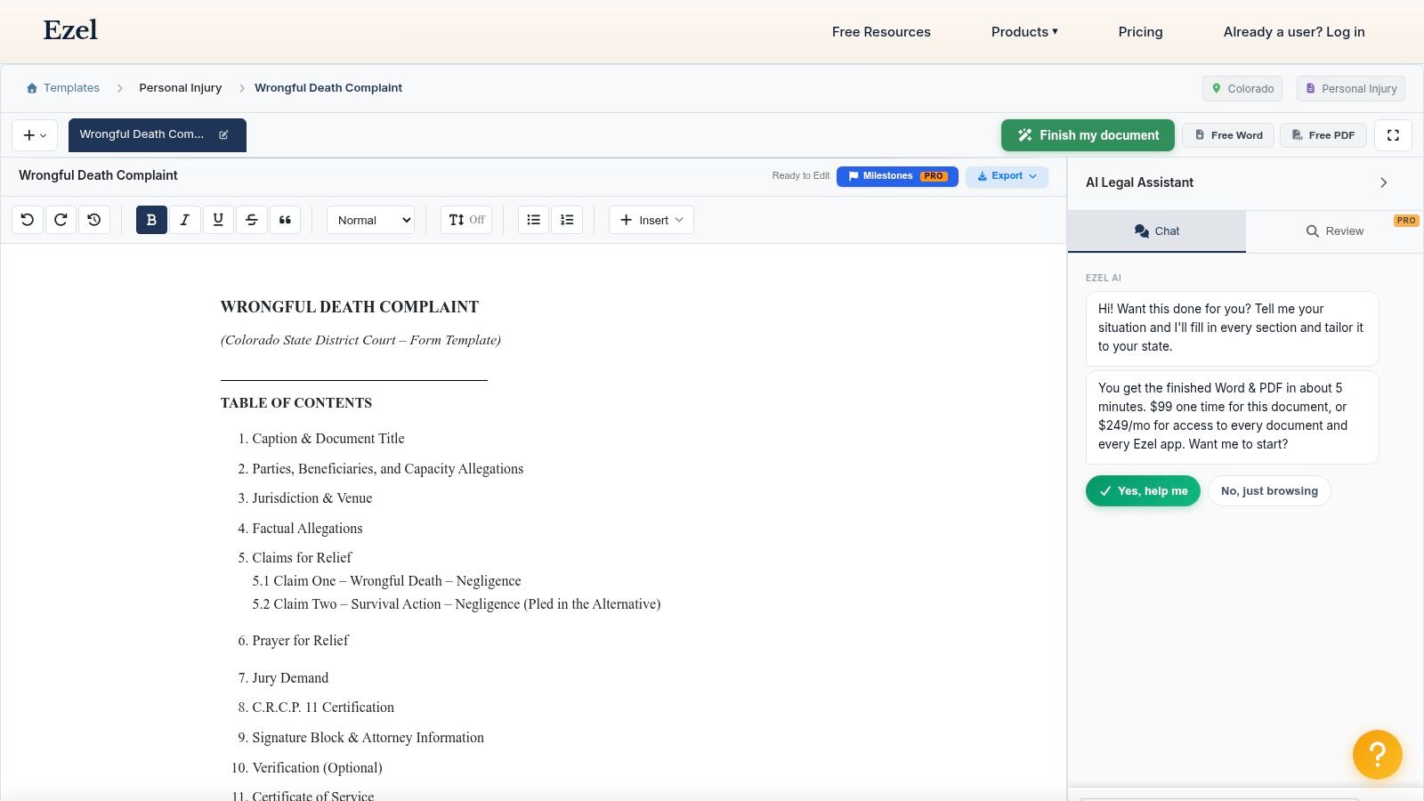 Ezel AI – Colorado Wrongful Death Complaint (Free Word & PDF Template)