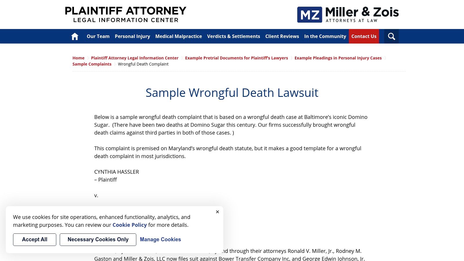 Miller & Zois – Sample Wrongful Death Lawsuit (Maryland‑based, full‑text example)