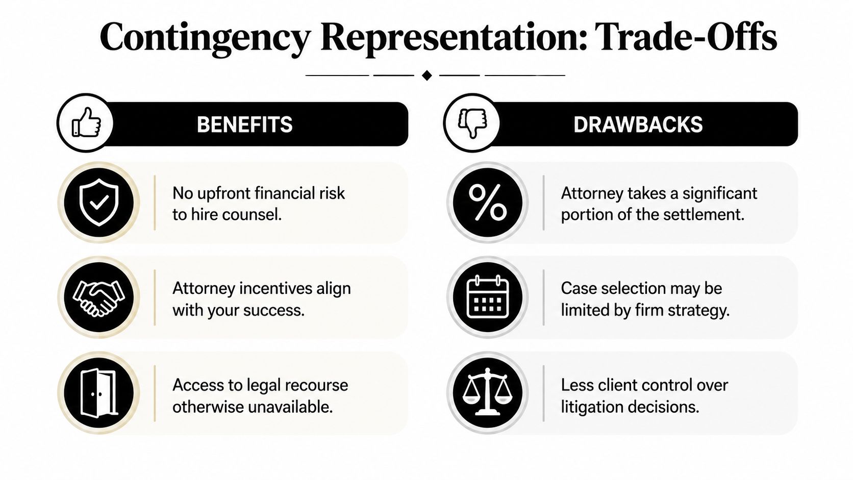 A chart comparing the pros and cons of contingency-based legal representation for clients.