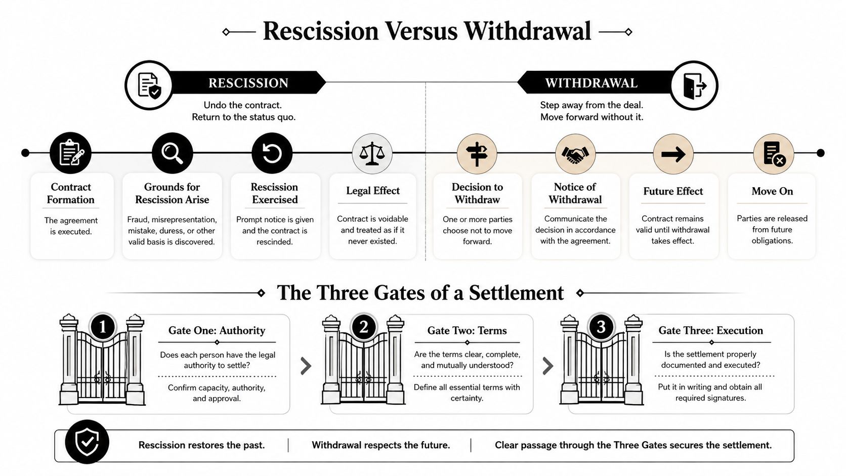 A diagram comparing contract rescission and withdrawal, followed by the three essential gates for a valid legal settlement.