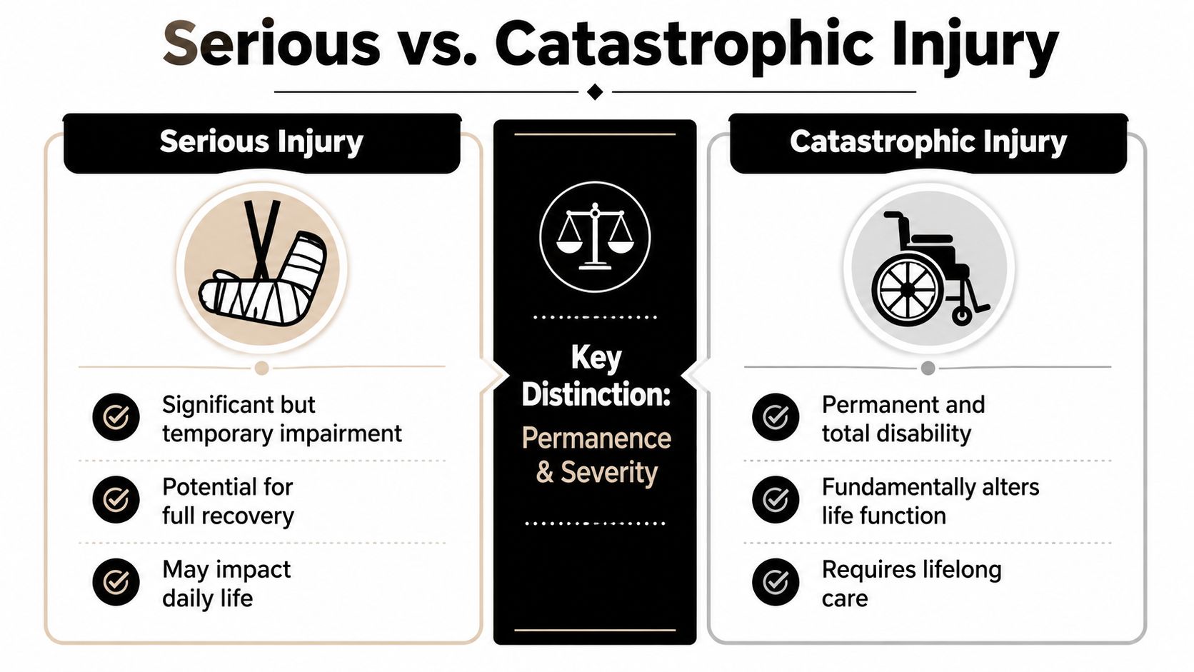 A comparison chart outlining the differences between serious and catastrophic injuries, highlighting permanence and severity levels.