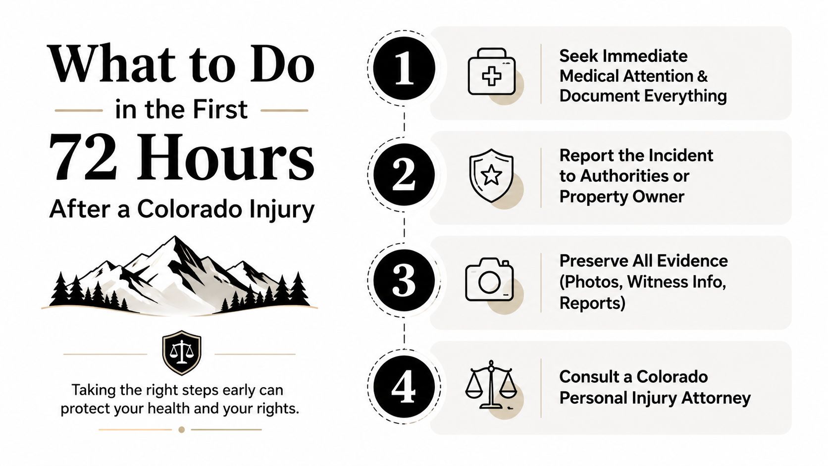An infographic showing four essential steps to take within 72 hours of sustaining an injury in Colorado.